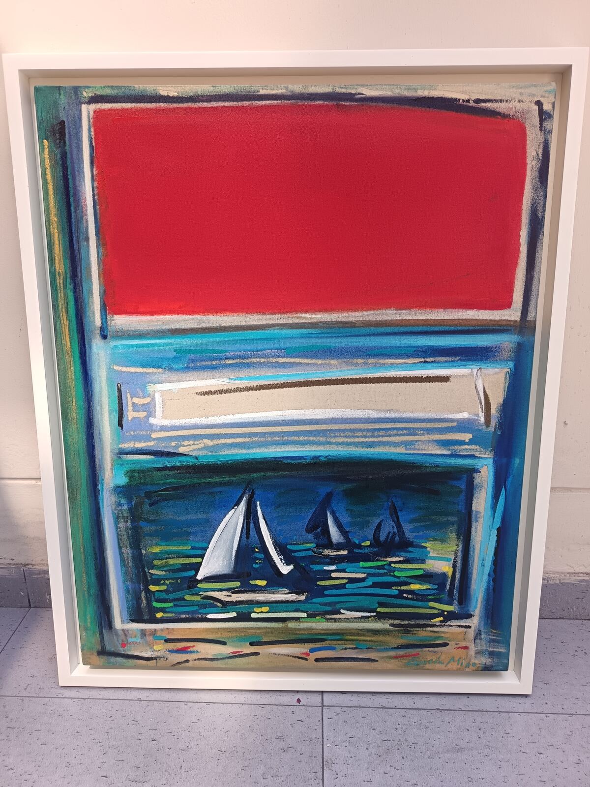 Óleo enmarcado de veleros en tonos rojo y azul